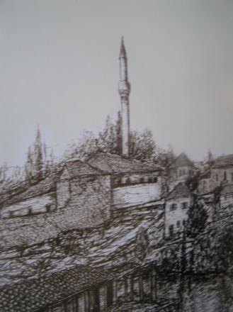 Intill Sahat kula finns en restaurang med takterrass. På en av dess murar kan man beskåda denna bild av det gamla Podgorica.